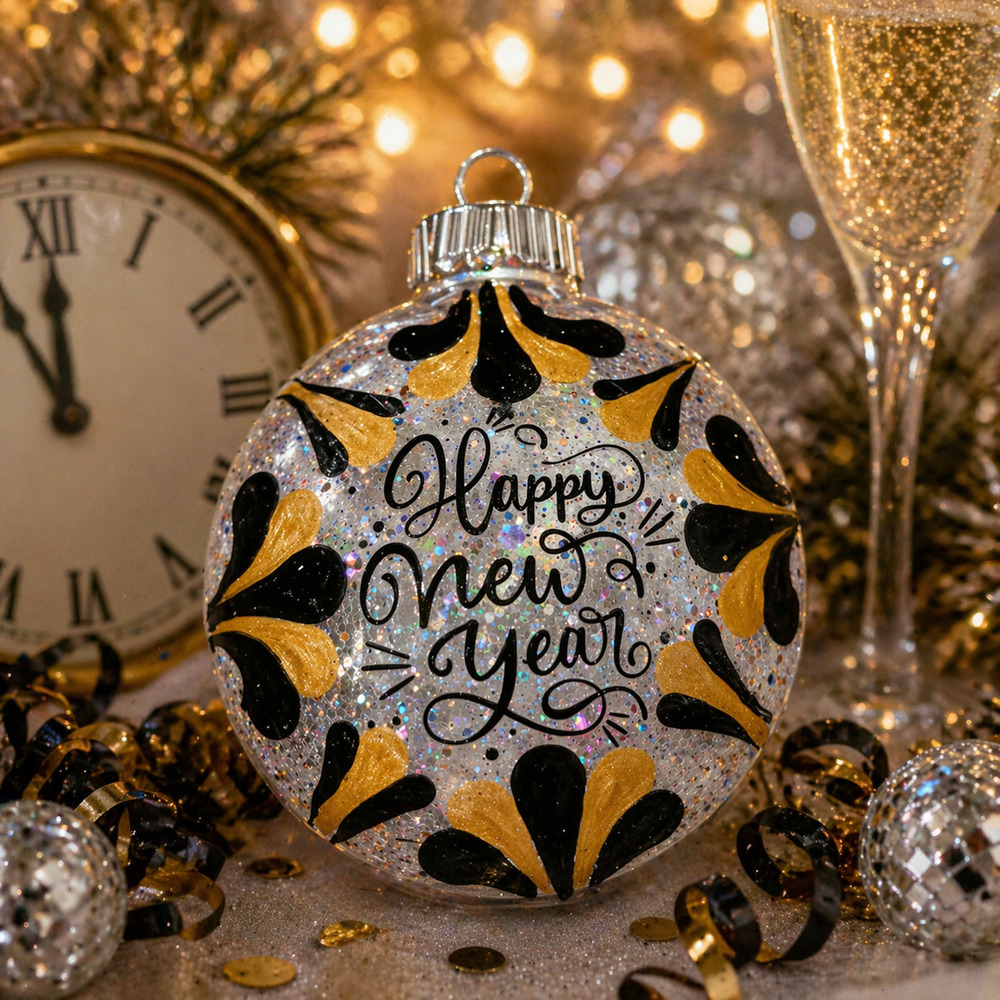 New Year Hand-Painted Ornament | 3” Shatterproof Holiday Decor| Black & Gold